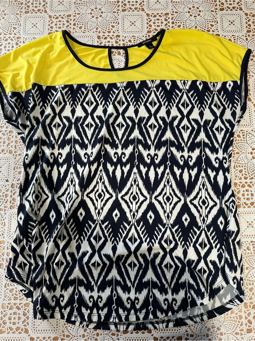 Espresso Geometric Ikat Print Colorblock Blouse Large